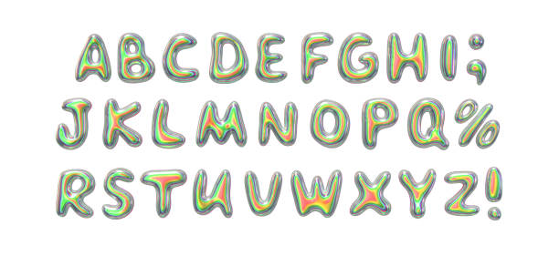 istock Holographic font set in metallic colors realistic 3d design, featuring uppercase letters. Liquid metal chrome shaped alphabet. Vector illustration 2183597321