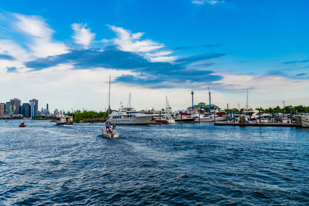 Aerial view of the famous Penns Landing on the Delaware River in Philadelphia, PA