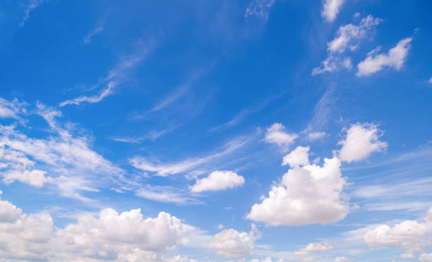 istock Panoramic view of clear blue sky and clouds, Blue sky background with tiny clouds. White fluffy clouds in the blue sky. Captivating stock photo featuring the mesmerizing beauty of the sky and clouds. 2183619554