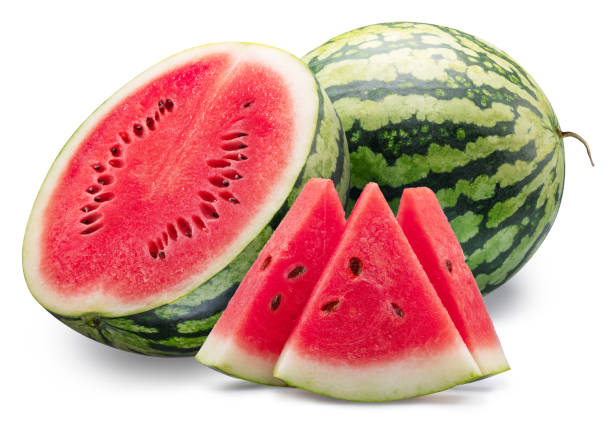 Round striped watermelon and watermelon slices isolated on white background. File contains clipping path.