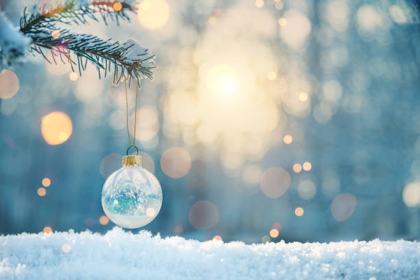 istock Transparent Christmas ball on snow-covered fir tree 2183626755