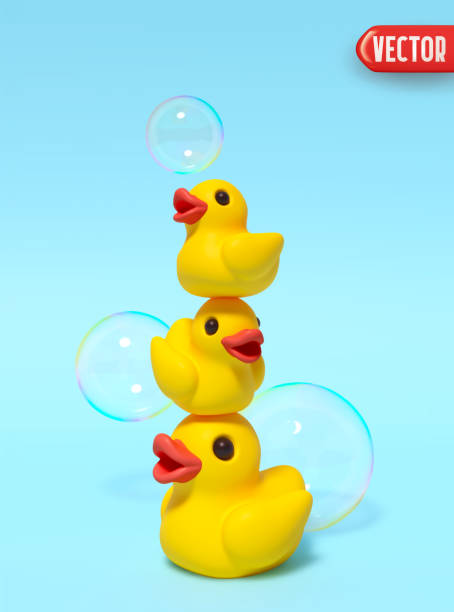 istock Three little yellow rubber ducks stand on top of each other with flying soap bubbles in realistic 3d Cartoon style. vector illustration 2183633529