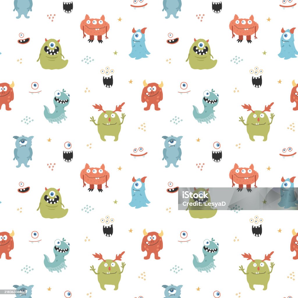 Monster Background Vector Cute Monsters Seamless Pattern Cartoon Monsters Background Vector ...