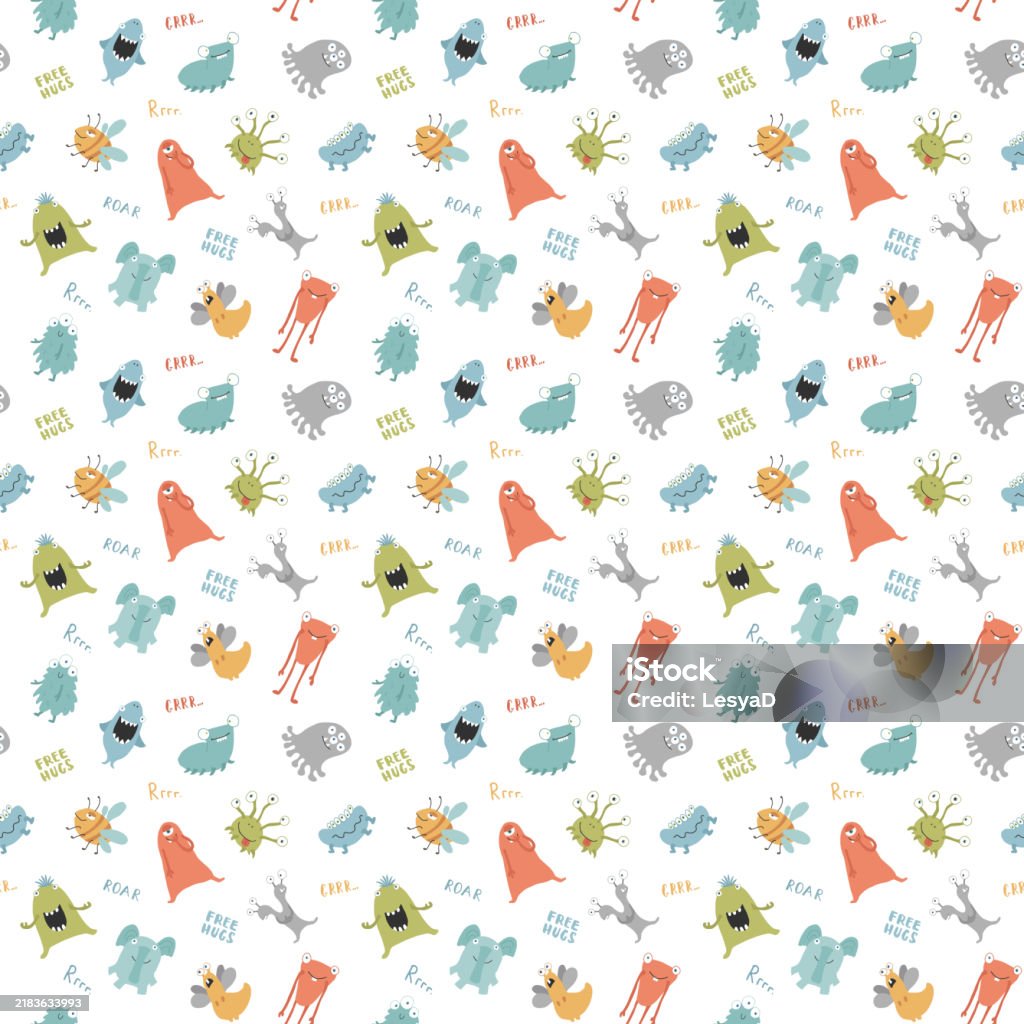 Monster Background Vector Cute Monsters Seamless Pattern Cartoon Monsters Background Vector ...
