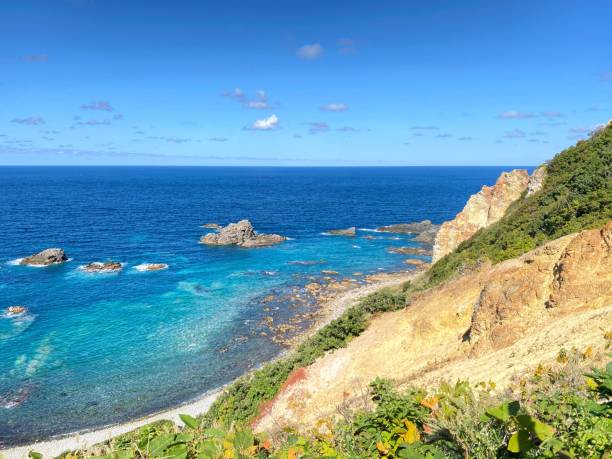 istock Scenic coastal view with blue ocean, cliffs, and lush greenery under a bright sky. Shimamui Coast 2183634693