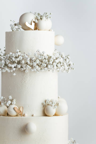 istock Beautiful three-tier wedding cake with white chocolate frosting decorated with chocolate spheres and flowers. White background 2183638796