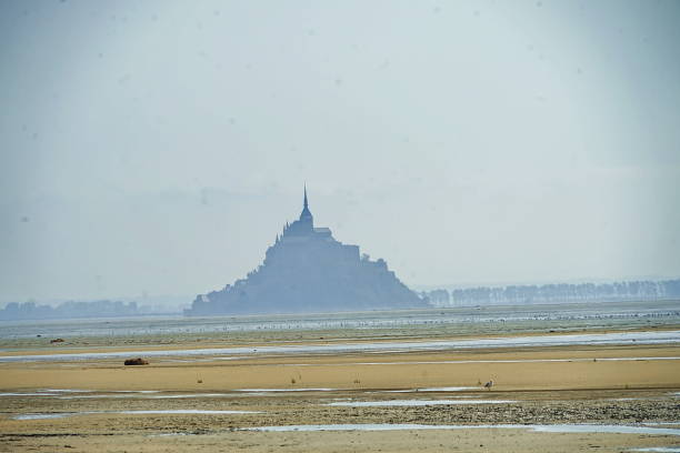 The famous island of Mont Saint Michel in Normandy, France, is here seen lit in the early evening, just after sunset. Reflections of the mountain and beautiful colors of the sky can be seen in the low tide water at the bay. This is a purple-toned landscape image and there are no people in it.