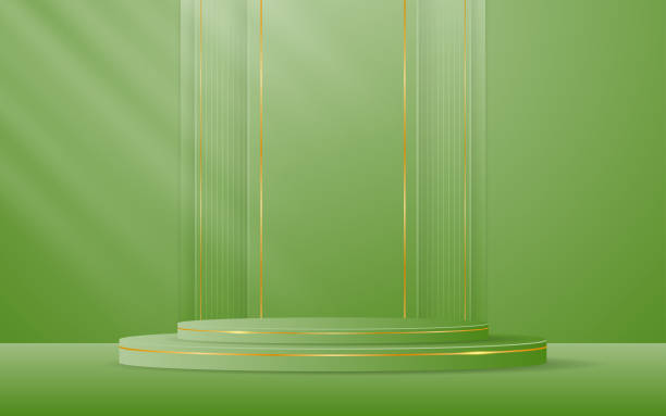 istock Green podium with green stripes with elegant gold lines on the back for product presentation 2183641490