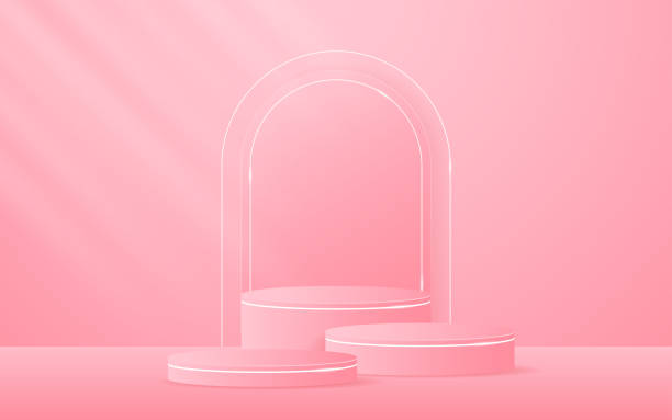 istock Multi-tiered pink podium with pink curved border and white lines on the back for product presentation 2183641916