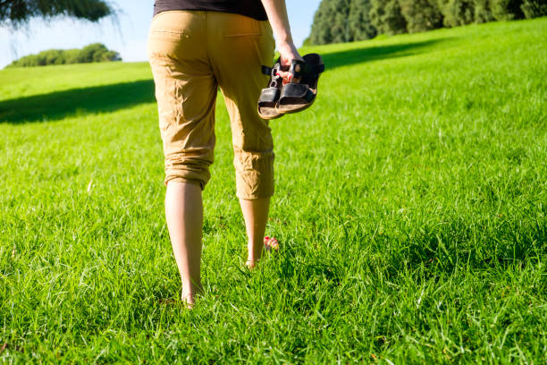 Woman applying insect repellent onto leg in park, closeup. Space for text