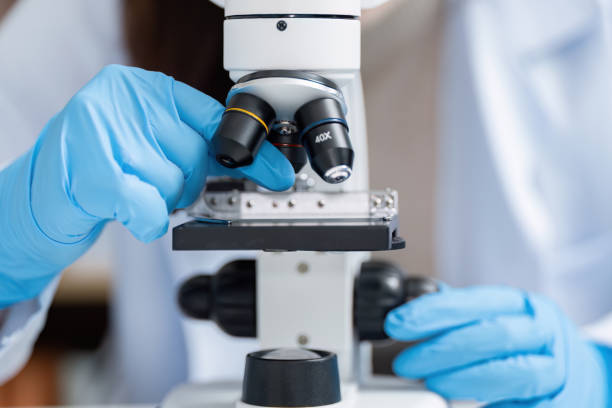 istock Scientist Using Microscope in Modern Laboratory with Blue Gloves for Scientific Research and Experimentation 2183646799