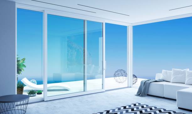 istock Automatic white sliding doors sea villa patio facade mockup 2183650929