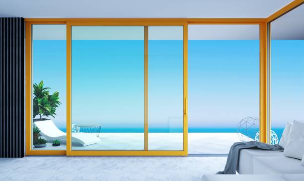 istock Automatic orange sliding doors sea villa patio facade mockup 2183650963