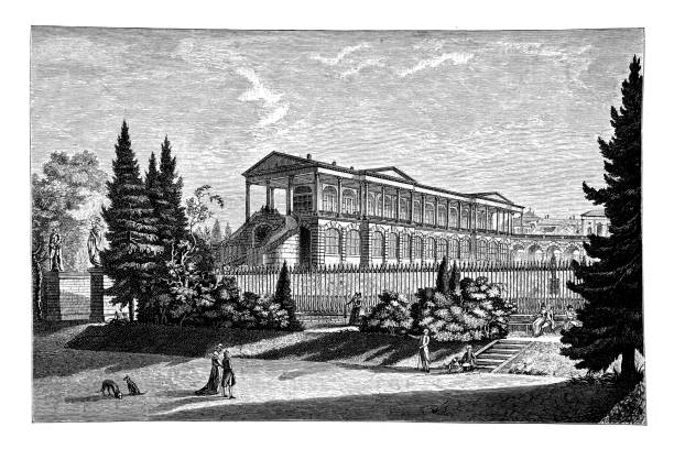 The gallery that Empress Catherine II conceived as a place for strolls and philosophical conversations and Cameron created for her is located on the slope of a hill on the boundary between the regular and landscape areas of the Catherine Park The gallery that Empress Catherine II conceived as a place for strolls and philosophical conversations and Cameron created for her is located on the slope of a hill on the boundary between the regular and landscape areas of the Catherine Park near the Catherine Palace pushkin st petersburg stock illustrations