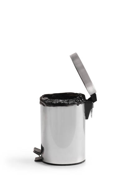 Studio shot of a metal trash can with an open lid
