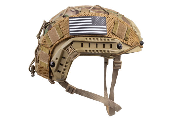 istock Camouflaged military helmet with US flag patch 2183664418