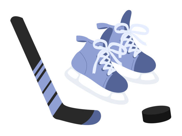 istock Hockey game equipment with stick puck and man skates isolated on white background. Hand drawn vector illustration in flat style. Winter sport concept, icon design, set of objects. 2183664496