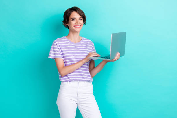 istock Photo of pretty lady office worker enjoy using modern device gadget meeting conference empty space isolated on cyan color background 2183667025