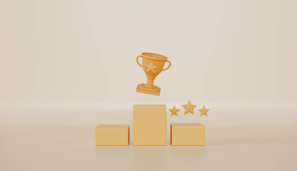 istock Award ceremony first and second and third concept, winners minimal with golden cup gold winners stars on podium 2183680842