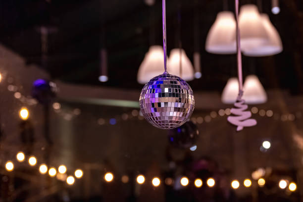 istock disco ball is hanging from the ceiling in a dimly lit room 2183683985