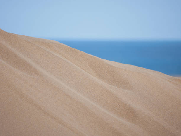 Sand textured pattern with copy space close up in Maspalomas, Gran Canaria. Abstract background wallpaper. Sand waves in a desert dune at the background of the sea.