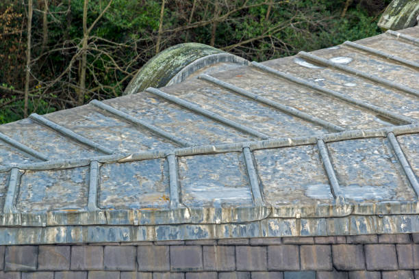 Close-up of a textured slate roof with a repeating pattern of overlapping tiles in natural shades.