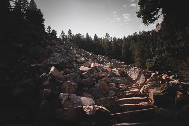 A rugged boulder field in Boulder, Colorado, with large, angular rocks scattered across the landscape, forming a natural staircase that leads into the dense pine forest. The light filters through, casting shadows and illuminating sections of the rocky path, adding depth and drama to the scene. The interplay between the rough texture of the rocks and the soft tree canopy creates a stark contrast, capturing the raw beauty of Colorado's mountainous terrain. This image embodies the adventurous spirit of Boulder, inviting viewers to explore the challenging but scenic trails