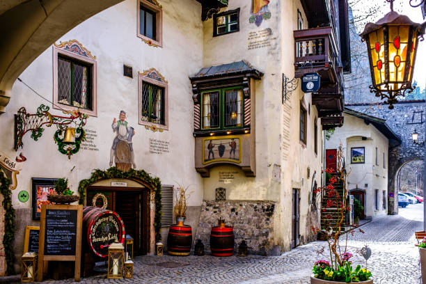 Kufstein, Austria - February 29: historic buildings at the famous old town of Kufstein on February 29, 2024
