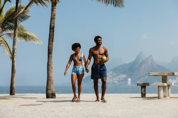Couple strolling along the beachfront in Rio de Janeiro