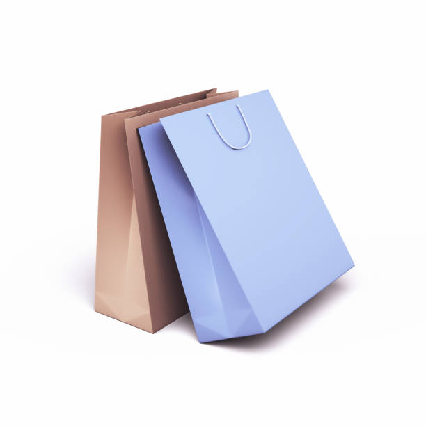3d Render Paper Colored and Light Blue Cardboard Shopping Bag, Shopping discount days concept, Object + Shadow Clipping Path
