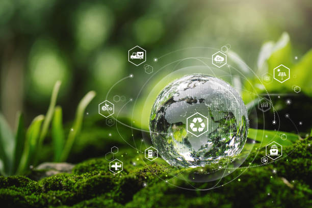 istock Green logistics management process related to the environmentally friendly transportation of goods.Sustainable transport and renewable energy.Crystal globe glass with green transportation icons. 2183705071