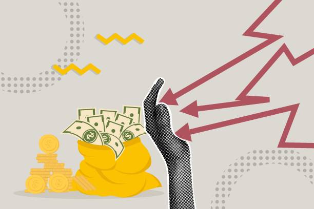 Fancy halftone collage. Financial security concept, defense against loss, economic downturn, defense against cyber attack. Hand as a shield protecting financial security. Illustration for web banner, social networks banner. Vector illustration