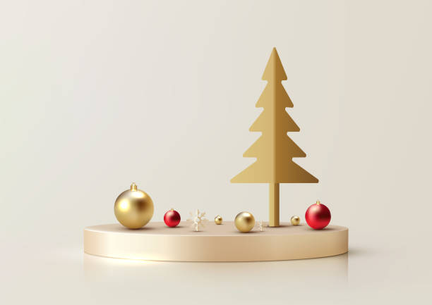 istock Festive Christmas Display with Gold Tree and Ornaments on Podium, Elegant Winter Holiday Scene, Mockup for Product Showcase and Seasonal Branding 2183709680