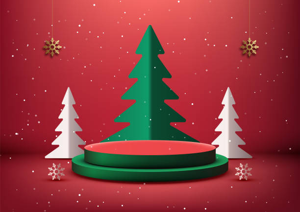 istock Christmas Scene with Snowy Trees and Festive Podium, Red and Green Holiday Display Background 2183709701