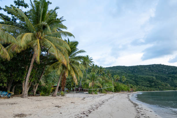 istock An evenly lit, typical overcast afternoon sets a calm scene at White Sandy Beach in Fiji, with palm trees leaning over the tranquil water 2183710496