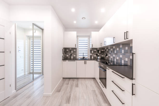 Scandinavian Style Cozy Modern Open Bright Kitchen Home Interior. Faucet, Fridge, Oven, Closet and Furniture in Background. LED Light, Black and White Style. Hallway and Mirror in Background. Wide