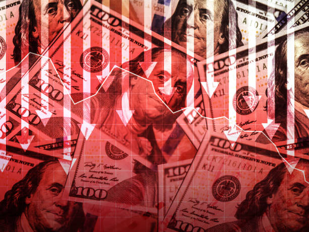 istock US dollar price going down with red graph and arrows pointing downward, financial background. High inflation with devaluing currency concept backdrop 2183716537