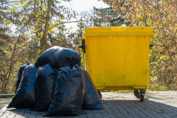 istock A bright yellow garbage can contrasts against dark plastic bags, set against a backdrop of trees showcasing the colors of fall on a sunny day 2183716841