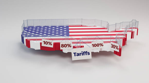 Concept: Trade protectionism by the United States of America by implementing tariffs. A security fence built around a 3d map of the USA with signs concepto: proteccionismo comercial por parte de los estados unidos de américa mediante la implementación de aranceles. una valla de seguridad construida alrededor de un mapa 3d de los ee. uu. con letreros de
