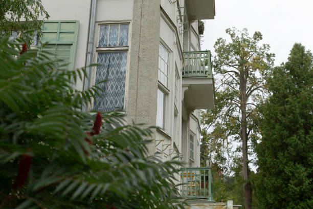 istock A unique building with a balcony is nestled among trees and bushes 2183721197