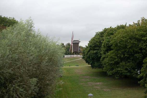 A windmill stands tall amidst a lush green park. The windmill has a red roof and white sails, and its reflection can be seen in a nearby pond.