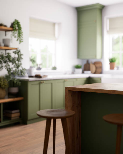 istock 3D render of a modern kitchen with vibrant green cabinets. 2183731639