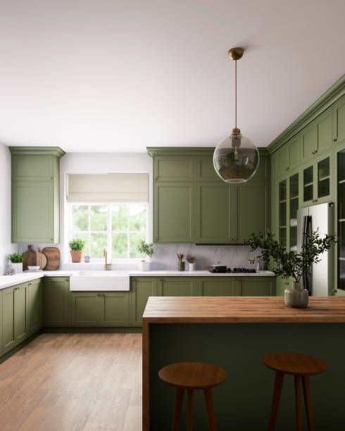istock Modern green kitchen with natural elements, large space and stylish design 2183731642
