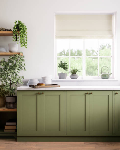 Modern green kitchen with natural accents and incredibly stylish decor elements