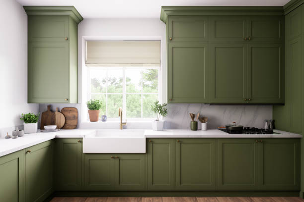 istock A contemporary modern kitchen with striking green cabinets and a clean, minimalist design 2183731663
