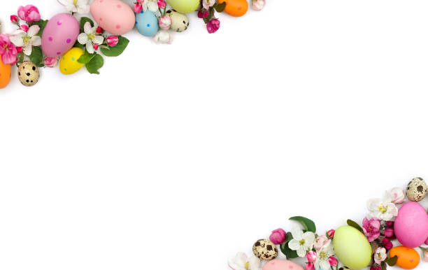 istock Easter decoration. Pink flowers apple tree and colored easter eggs and quail eggs on white background with space for text. Top view, flat lay 2183731797