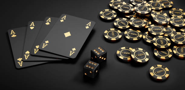 istock Four black casino playing cards with gambling dice and chips 2183732983