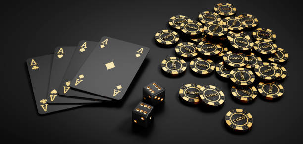 istock Four black casino playing cards with gambling dice and chips 2183732986
