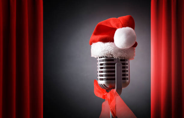 istock Christmas entertainment performance concept with retro microphone on stage 2183735444