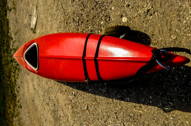A red kayak is sitting on the ground with a black strap attached to it. The kayak is tied to a tree